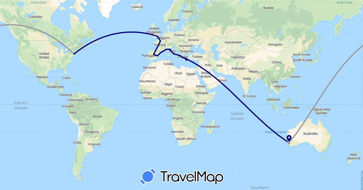 TravelMap itinerary: driving, plane in Australia, Spain, France, United Kingdom, Greece, Italy, Monaco, United States (Europe, North America, Oceania)